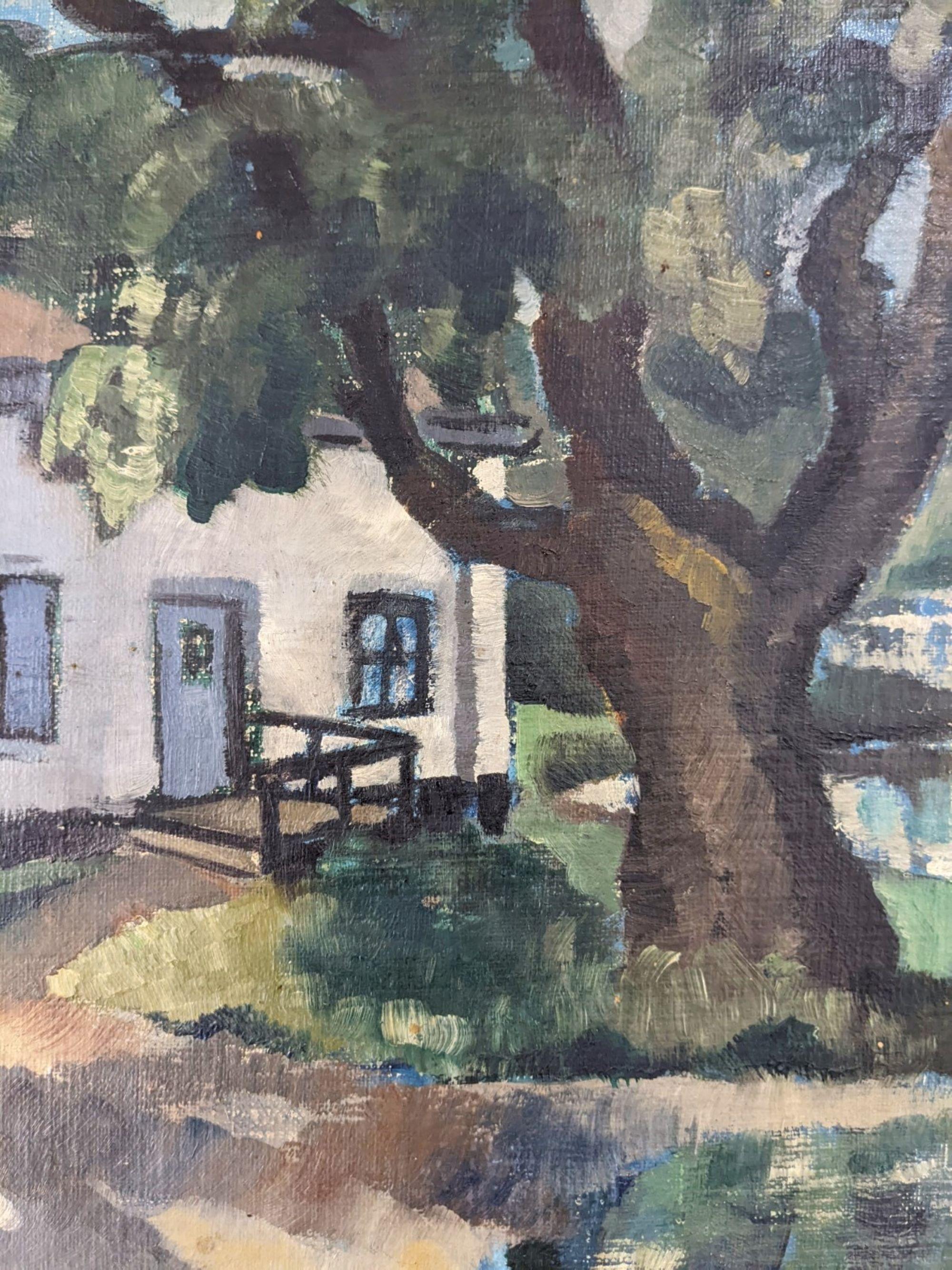 1928 Vintage Modernist Swedish Landscape Oil Painting - The Shaded Cottage 1