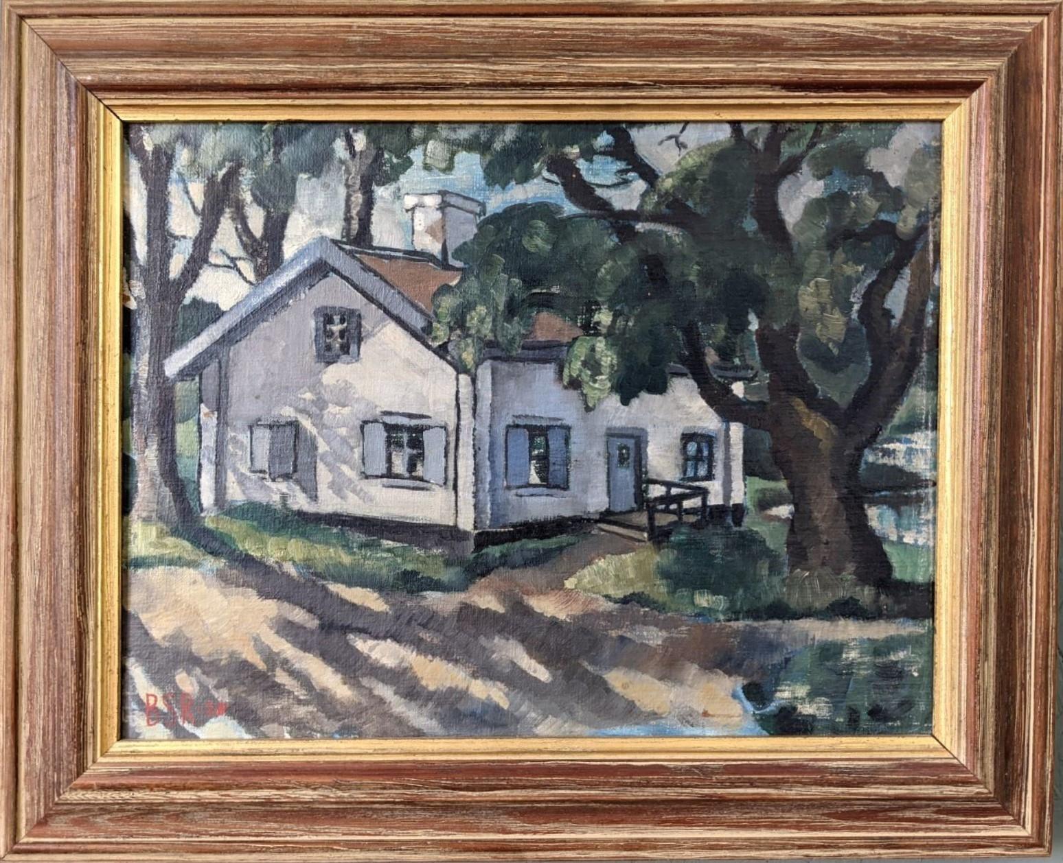 Unknown Landscape Painting - 1928 Vintage Modernist Swedish Landscape Oil Painting - The Shaded Cottage