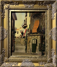Peinture à l'huile vintage sur toile, paysage urbain européen, encadrée, signée, 1929