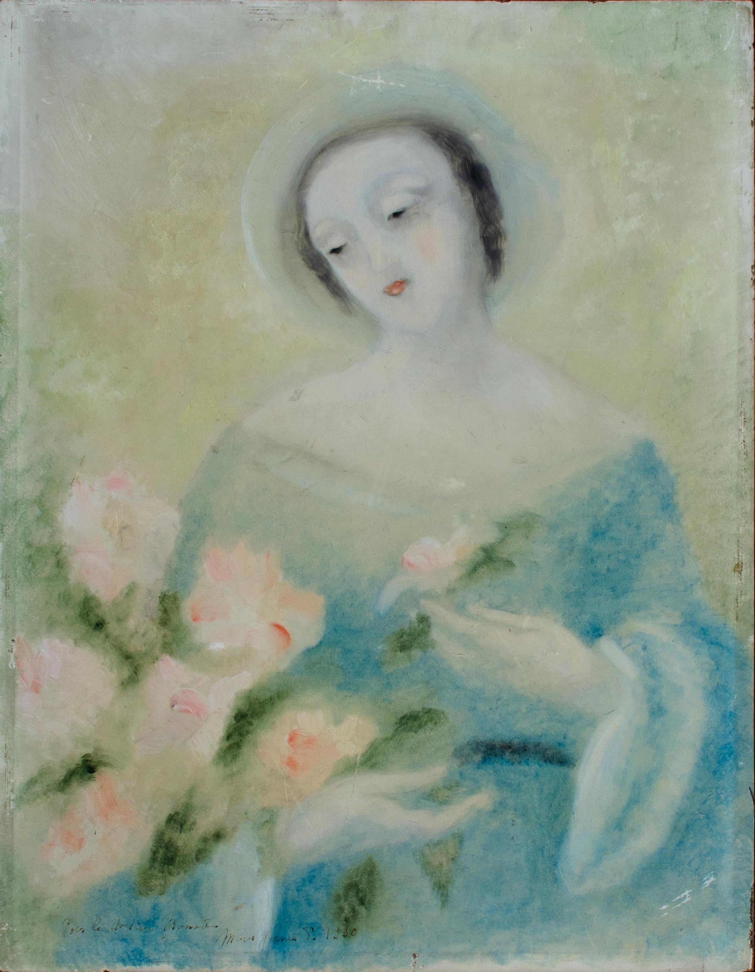 1930 Ritratto francese su Wood firmato Marie Yvonne