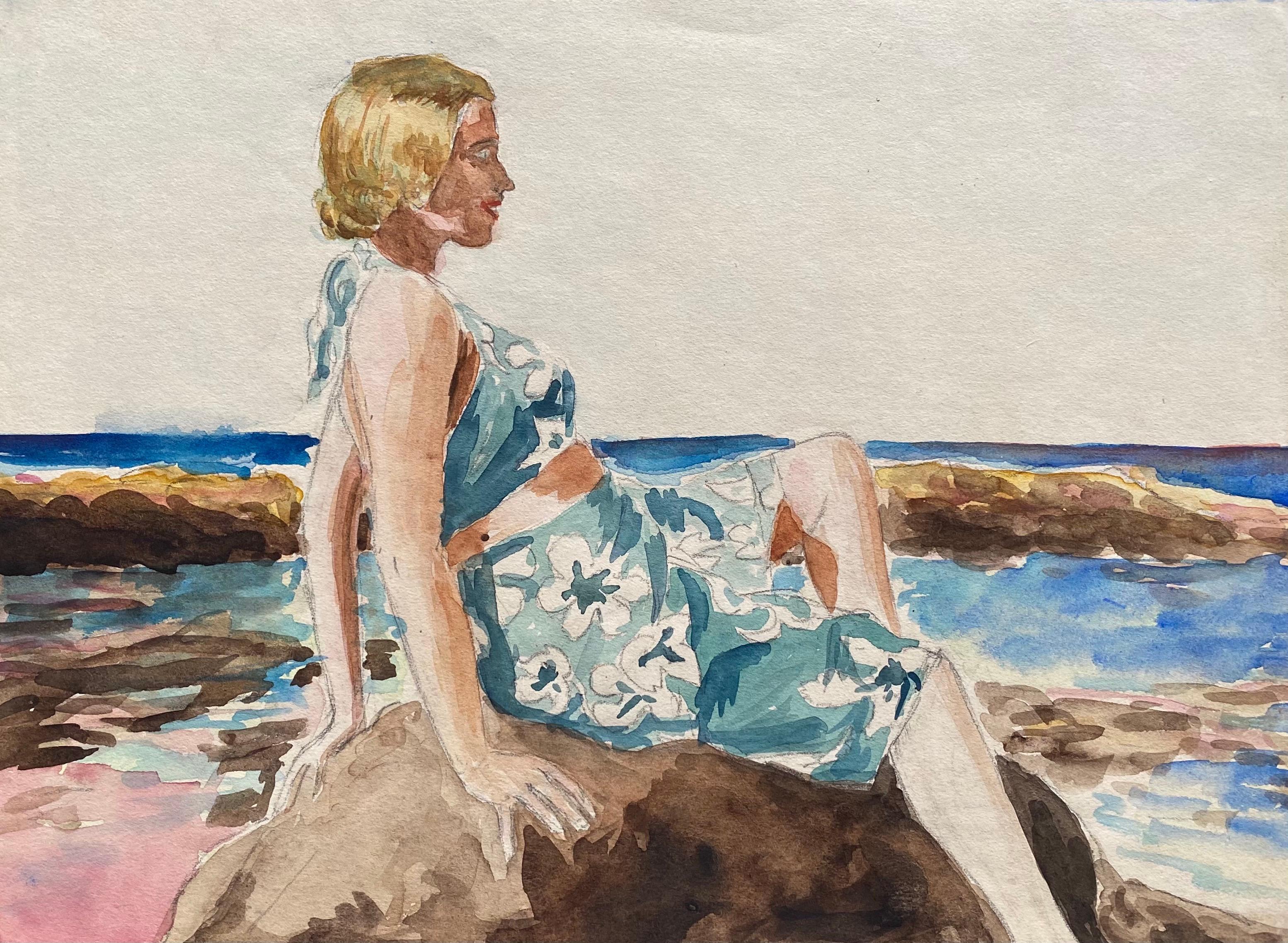 1930's French Impressionist Painting, Young Girl in Blue Dress Rocky Coast Sea - Beige Figurative Painting by Unknown