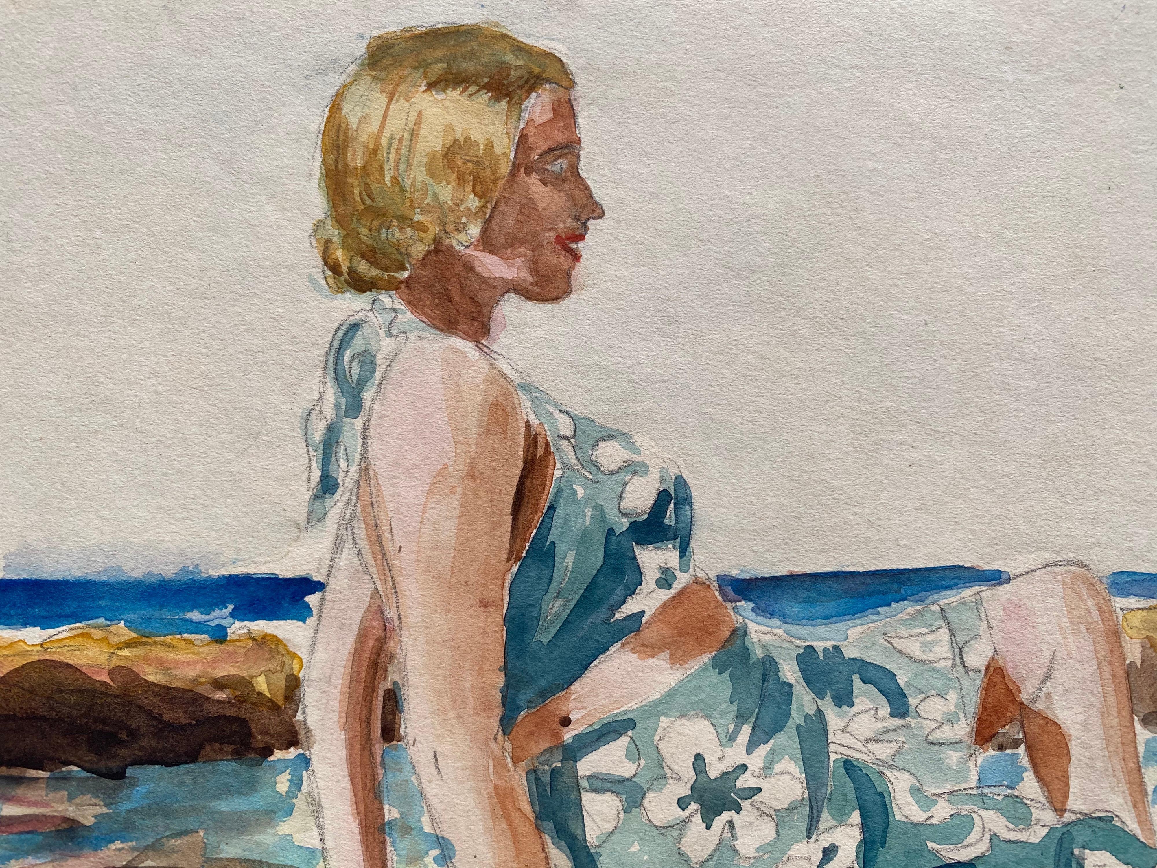 Artist/ School: French School, early 20th century

Title: Sur la Plage

Medium: watercolor on artists paper

Size: painting: 8 x 10 inches
 
Provenance: private collection, France

Condition: The painting is in very good condition.
 