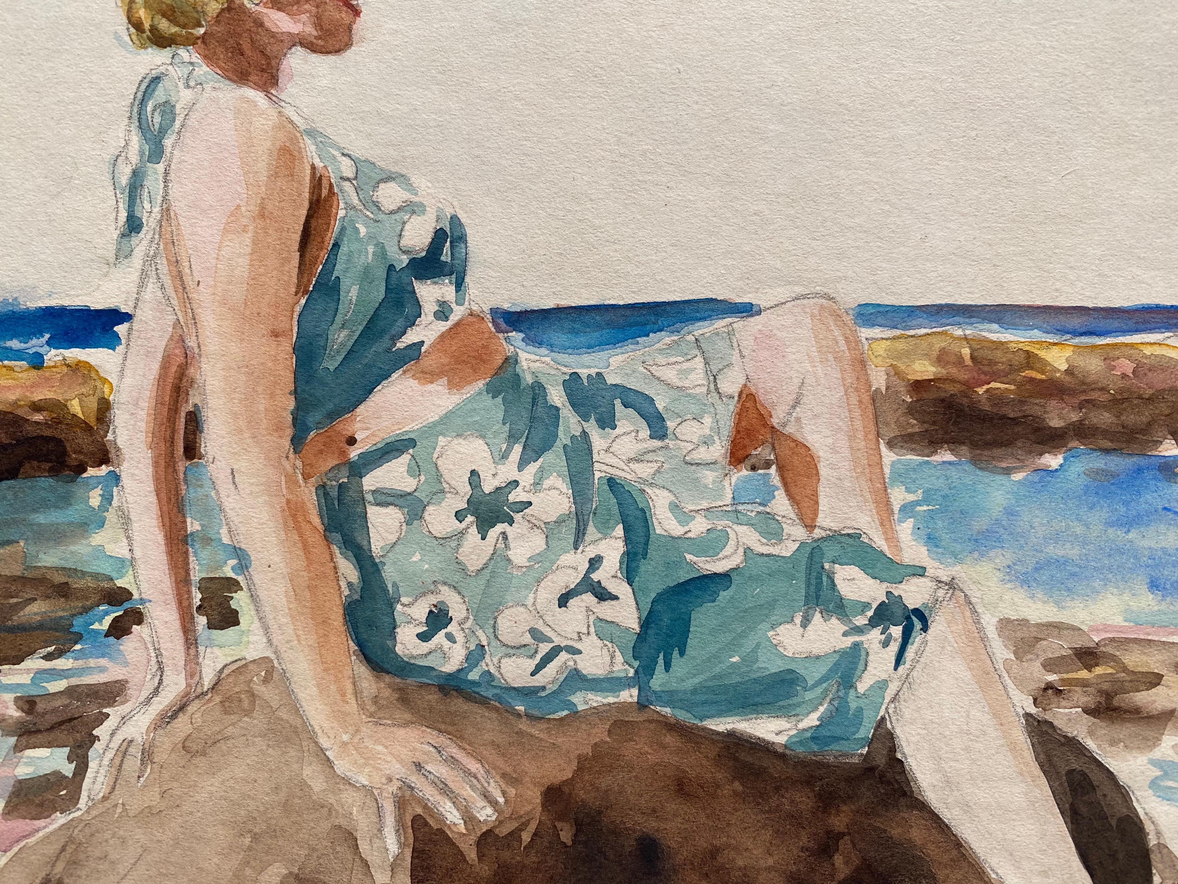 1930's French Impressionist Painting, Young Girl in Blue Dress Rocky Coast Sea For Sale 1