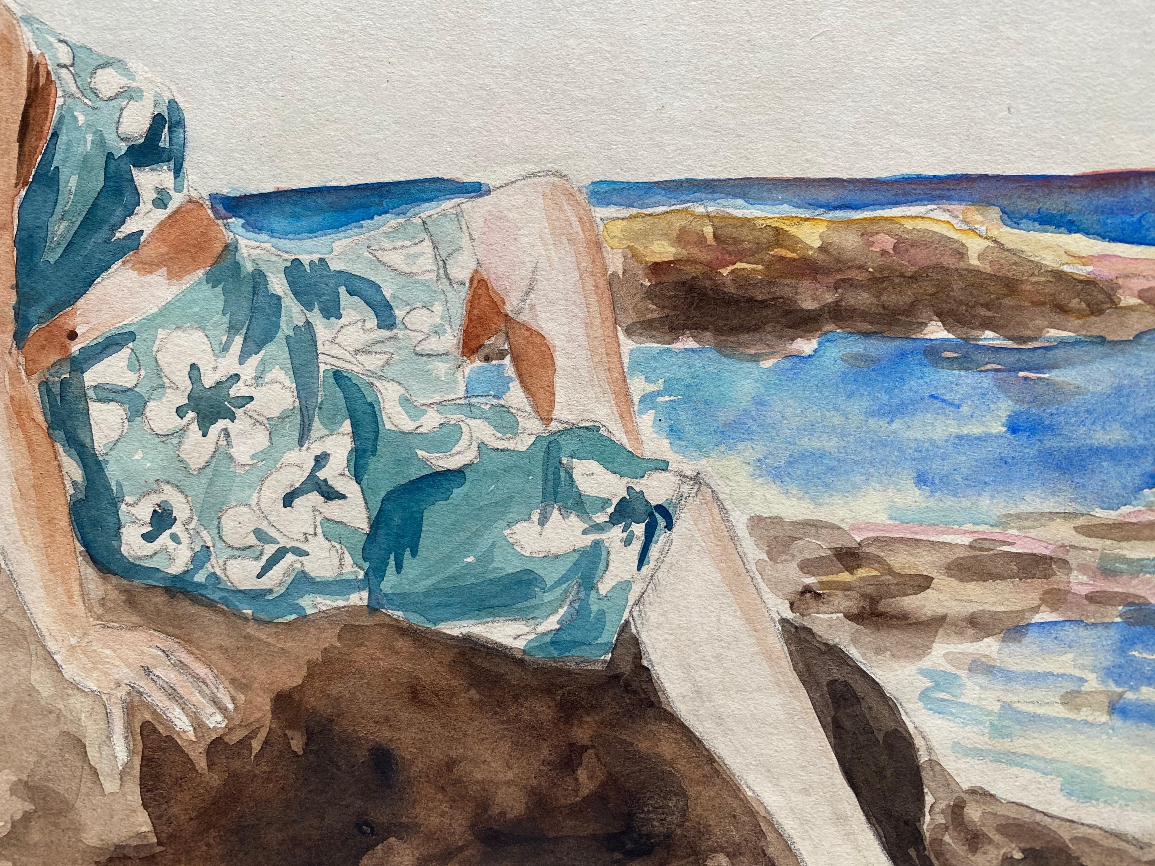 1930's French Impressionist Painting, Young Girl in Blue Dress Rocky Coast Sea For Sale 2