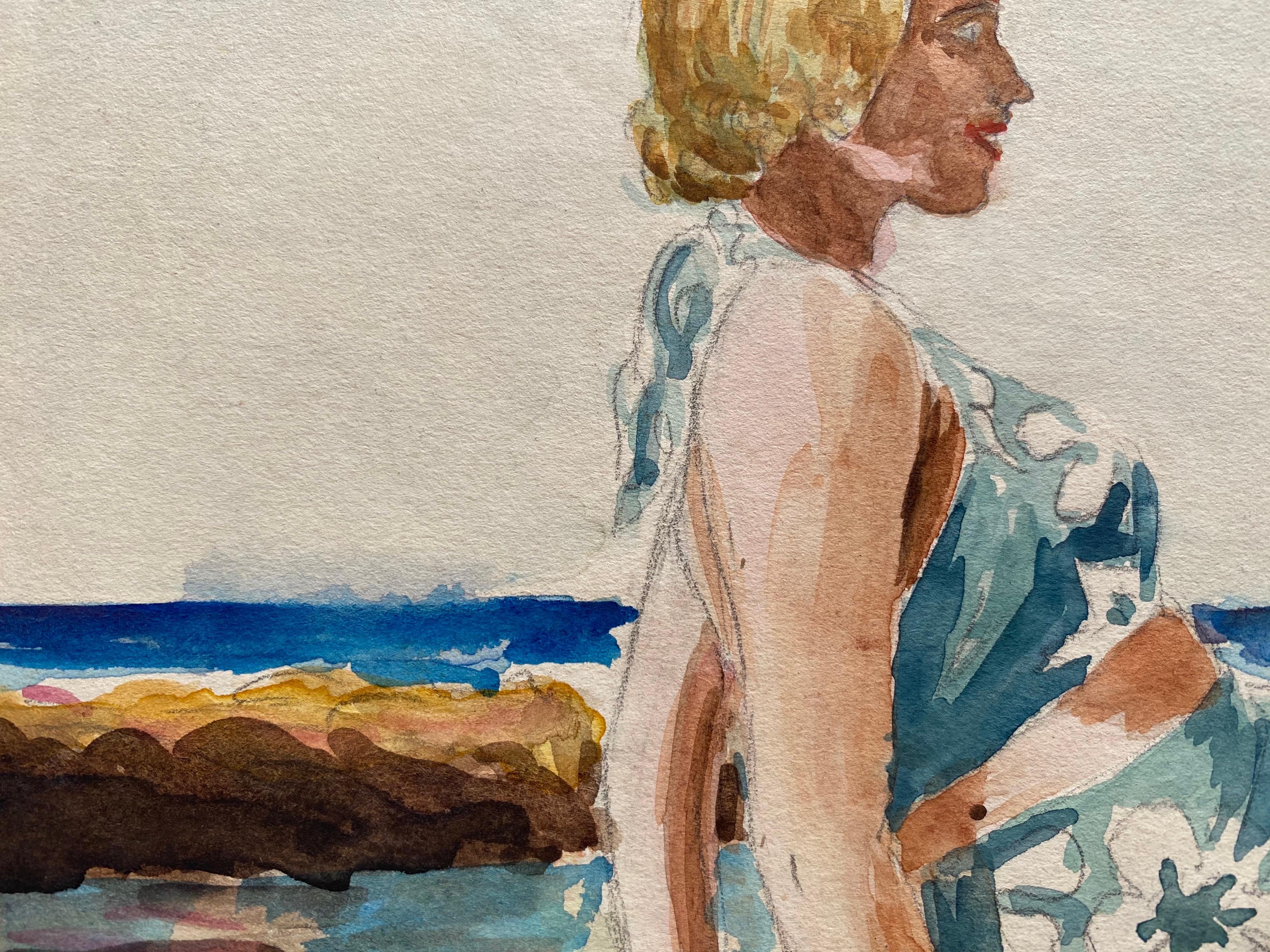 1930's French Impressionist Painting, Young Girl in Blue Dress Rocky Coast Sea For Sale 4