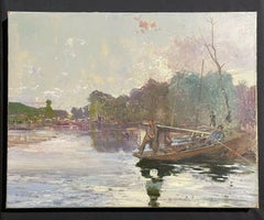 1930'S FRENCH IMPRESSIONIST SIGNED OIL - FISHERMEN ON WOODEN PUNT ON RIVER