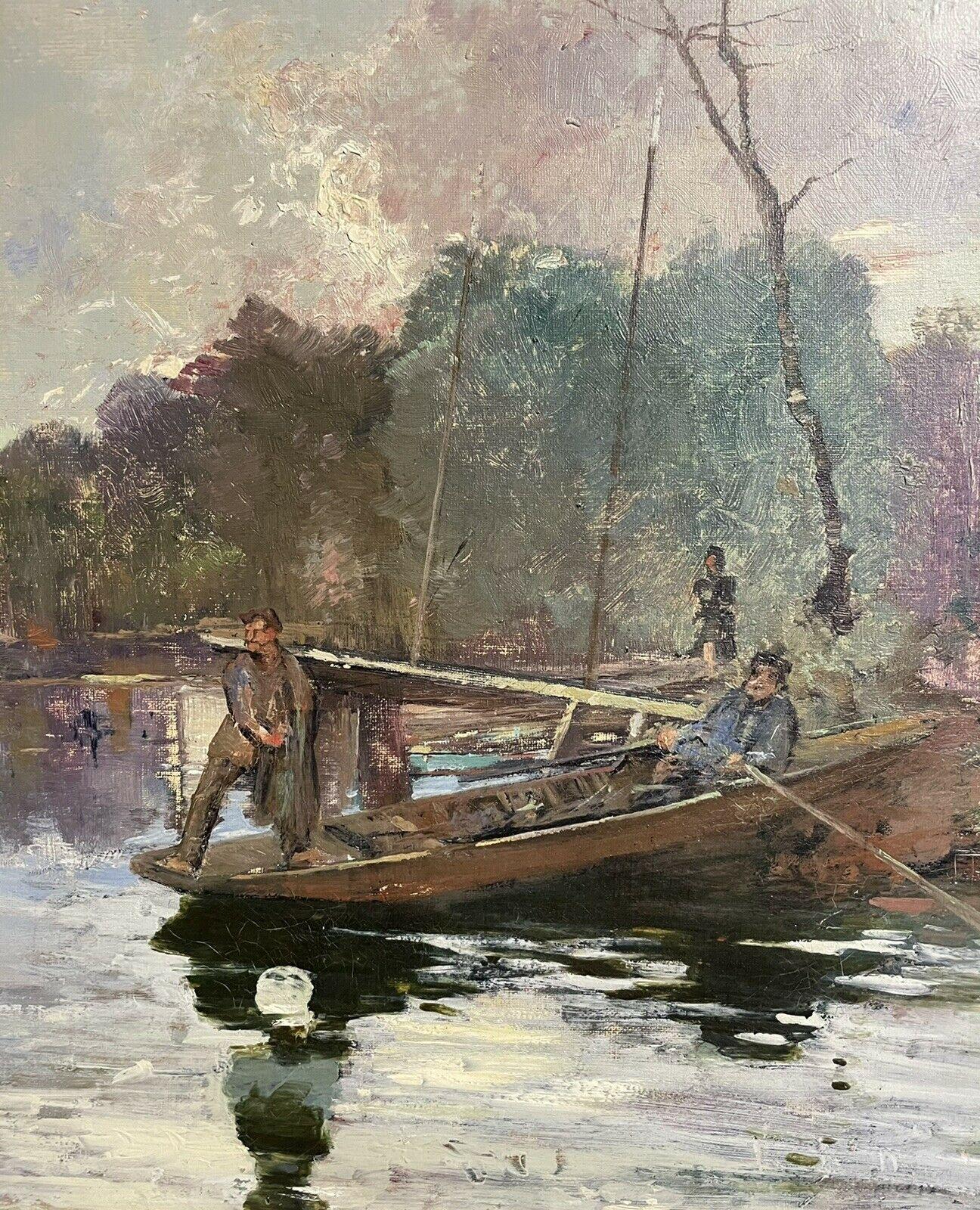 1930'S FRENCH IMPRESSIONIST SIGNED OIL - FISHERMEN ON WOODEN PUNT ON RIVER - Impressionist Painting by Unknown