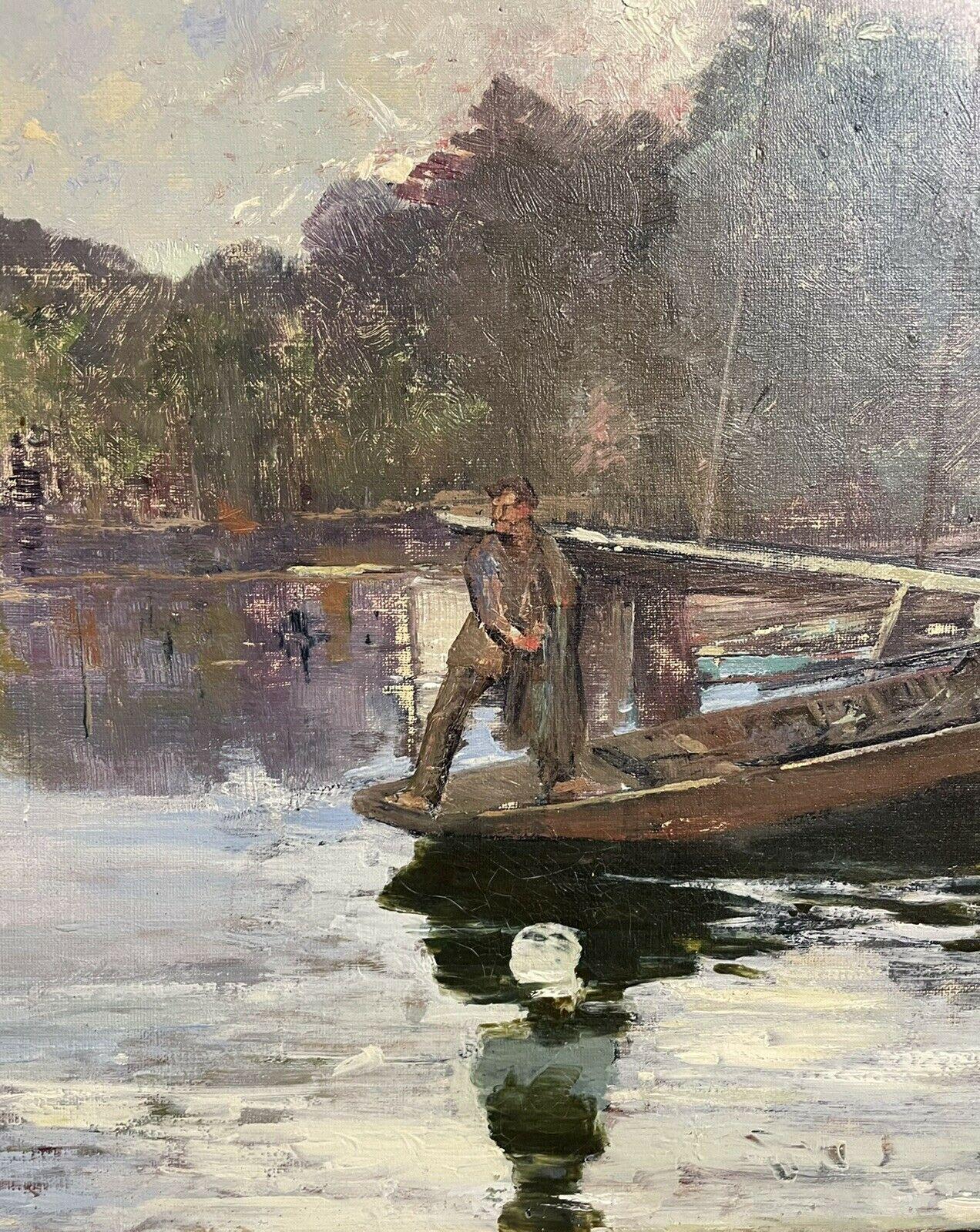 Artist/ School: French School, circa 1930's, indistinctly signed to the lower corner. 

Title: River Landscape with Fishermen from wooden punt. 

Medium: oil painting, on canvas. 

Size: painting: 17 x 21.5 inches
         
Provenance: private