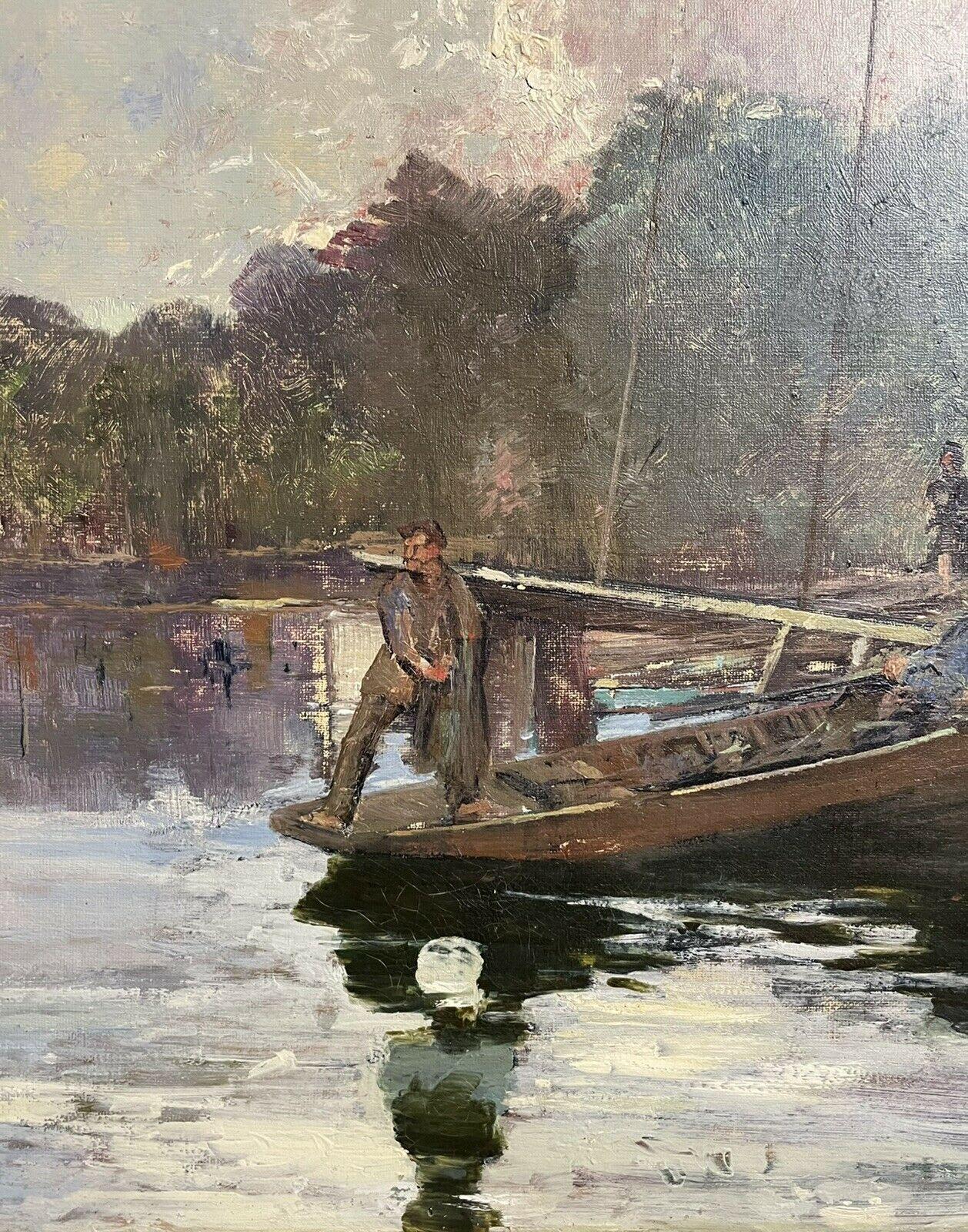 1930'S FRENCH IMPRESSIONIST SIGNED OIL - FISHERMEN ON WOODEN PUNT ON RIVER For Sale 2