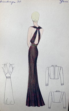 1930's Original Parisian Fashion Design Illustration Watercolor Backless Dress