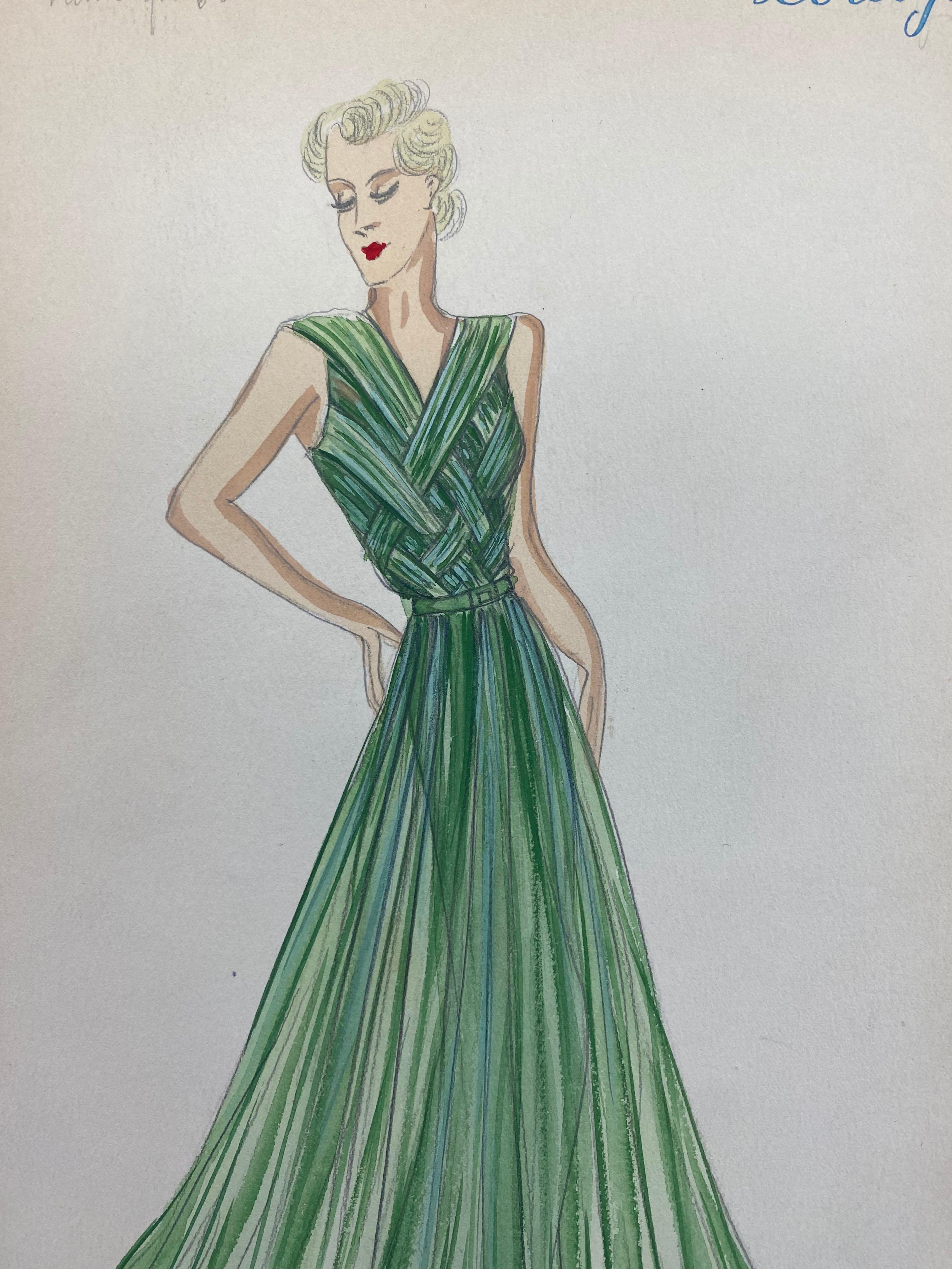 1930's Original Parisian Fashion Design Illustration Watercolor Lady in Green - Art by Unknown