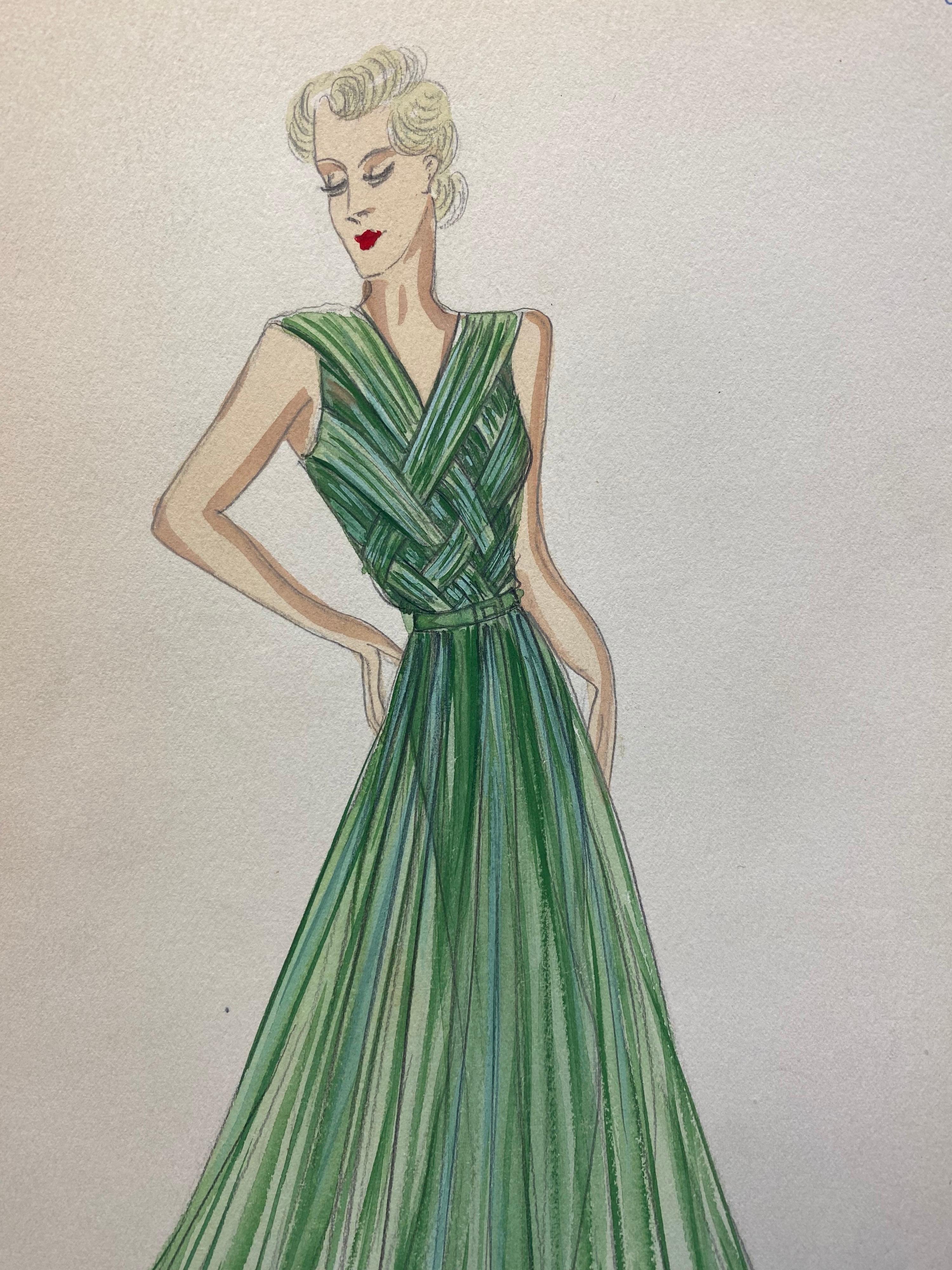 1930's Original Parisian Fashion Design Illustration Watercolor Lady in Green - Impressionist Art by Unknown