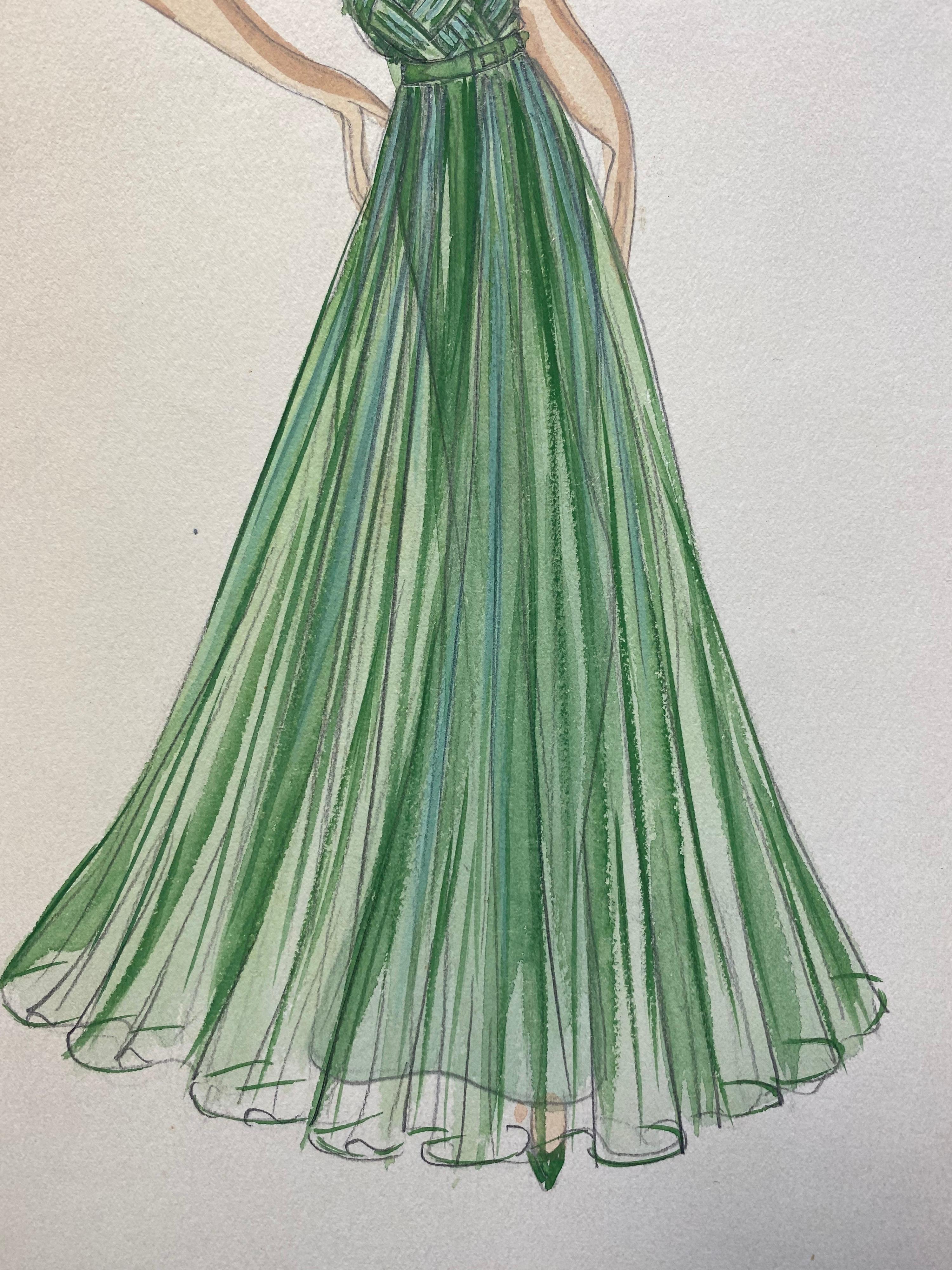 1930's Original Parisian Fashion Design Illustration Watercolor Lady in Green - Gray Portrait by Unknown