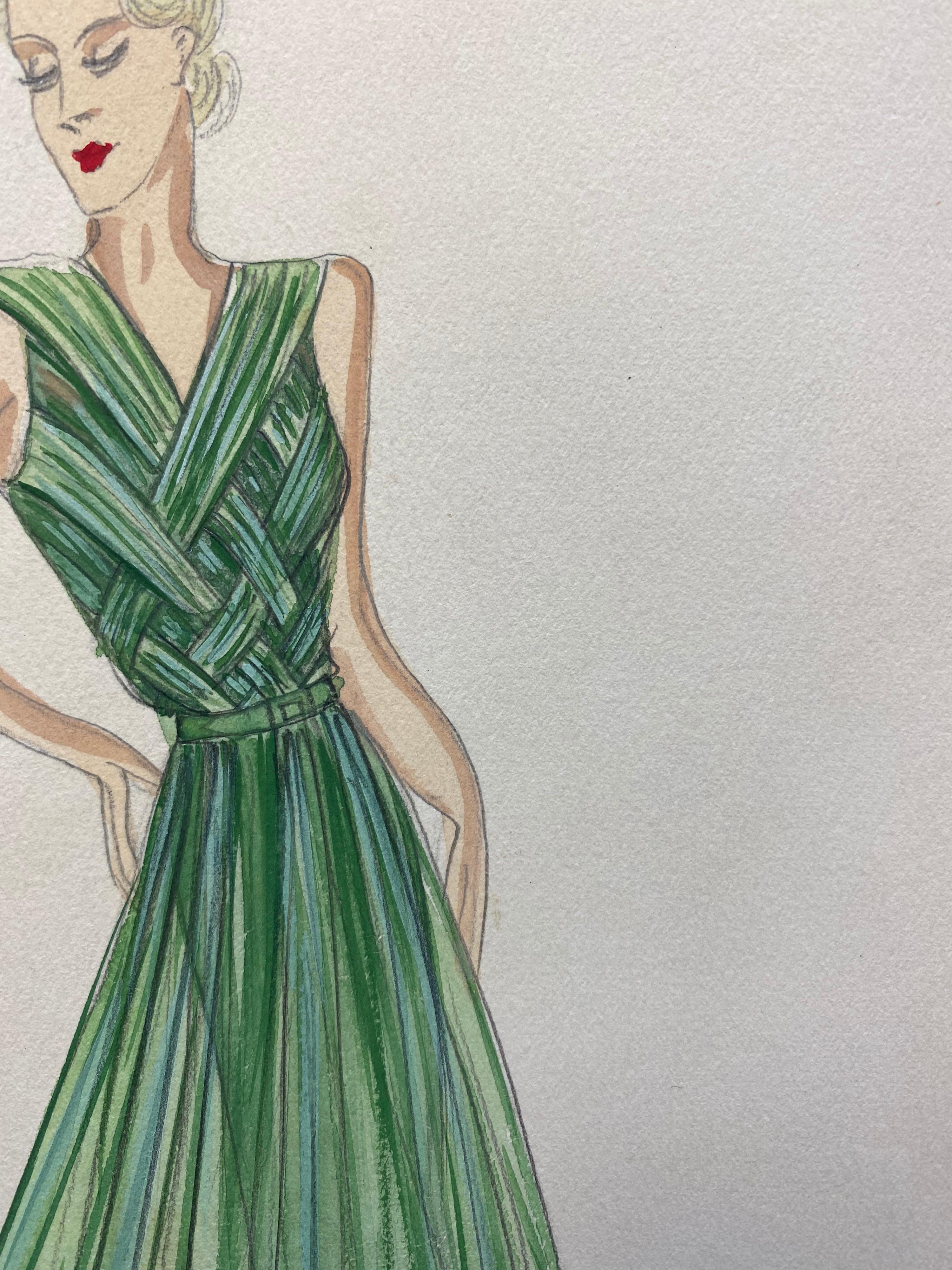Very stylish, unique and original 1930's French fashion design, no doubt of Parisian origin. 

The painting, executed in gouache/ watercolor and pencil, is dated to the upper corner as well as titled. 

The painting will make wonderful interior