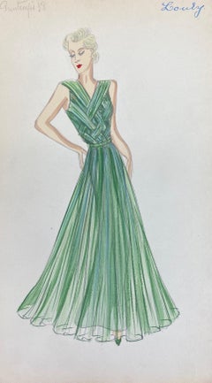 1930's Original Parisian Fashion Design Illustration Watercolor Lady in Green