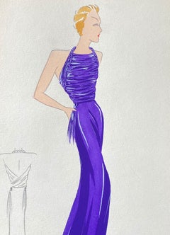 1930's Original Parisian Fashion Design Illustration Watercolor The Purple Dress