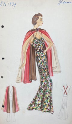 1930's Original Parisian Fashion Illustration Watercolor Autumnal Colours Dress 