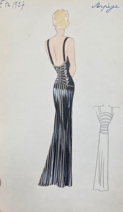1930's Original Parisian Fashion Illustration Watercolor Black Backless Dress