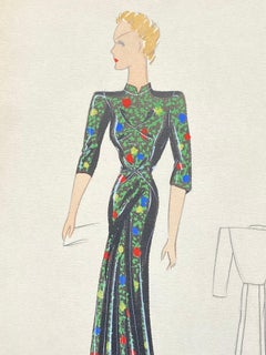 1930's Original Parisian Fashion Illustration Watercolor Black Oriental Dress