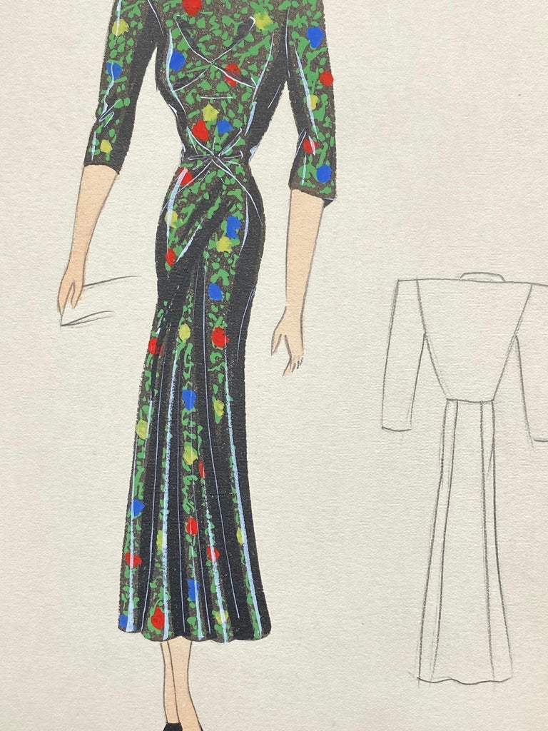 1930's Original Parisian Fashion Illustration Watercolor Black Oriental Dress - Impressionist Painting by Unknown