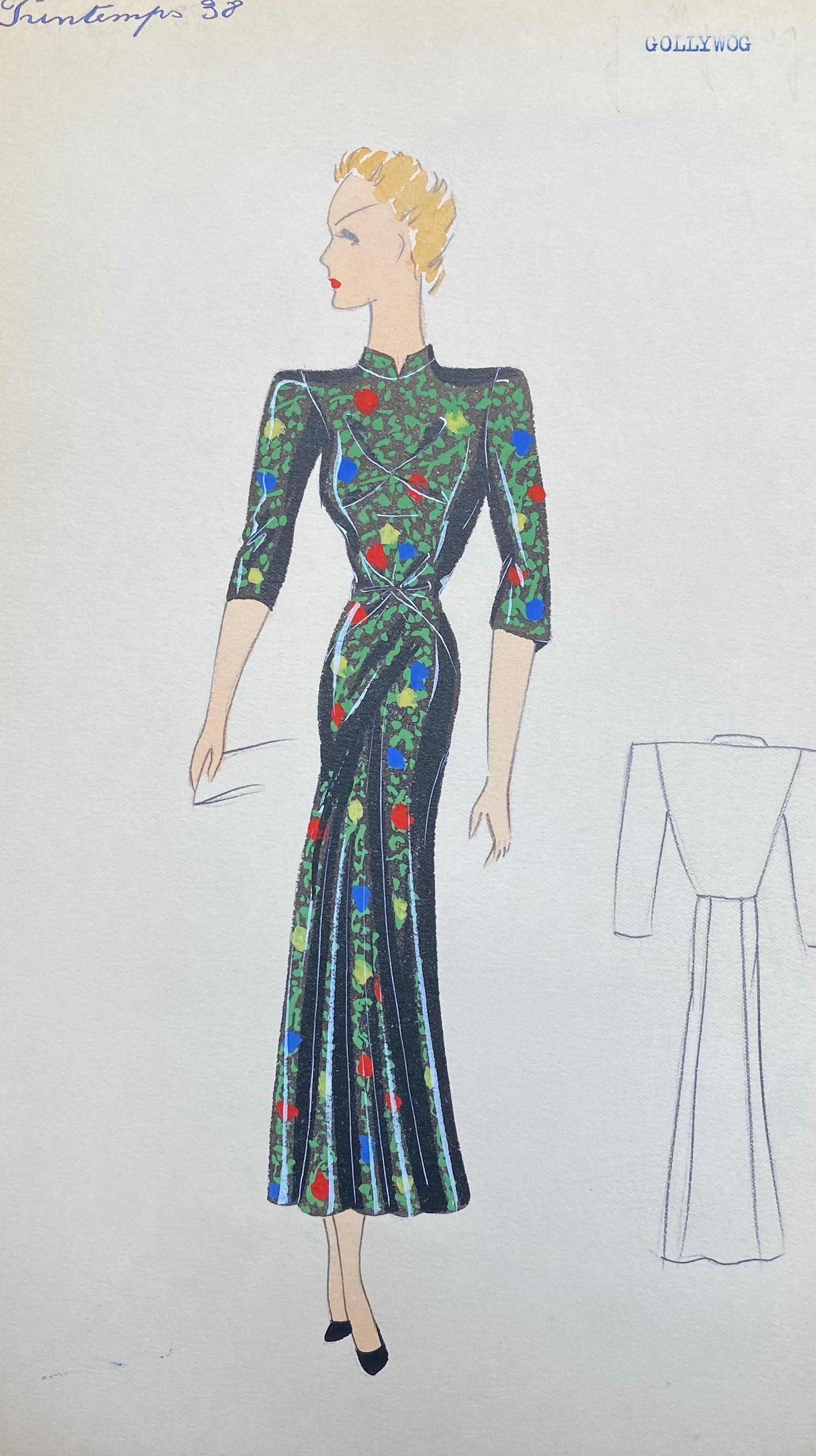 1930er Jahre Original Pariser Mode Illustration Aquarell Schwarzes orientalisches Kleid
