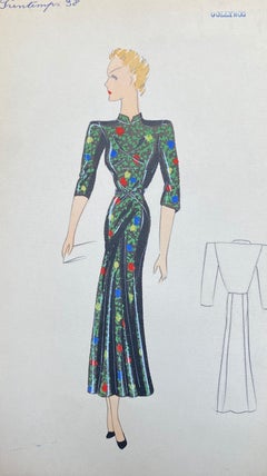 1930's Original Parisian Fashion Illustration Watercolor Black Oriental Dress