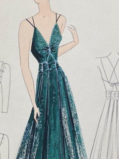 1930's Original Parisian Fashion Illustration Watercolor Deep Green Dress