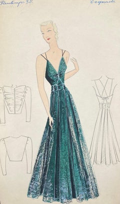 1930's Original Parisian Fashion Illustration Watercolor Deep Green Dress