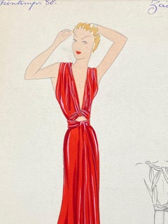 1930's Original Parisian Fashion Illustration Watercolor Elegant Red Long Dress