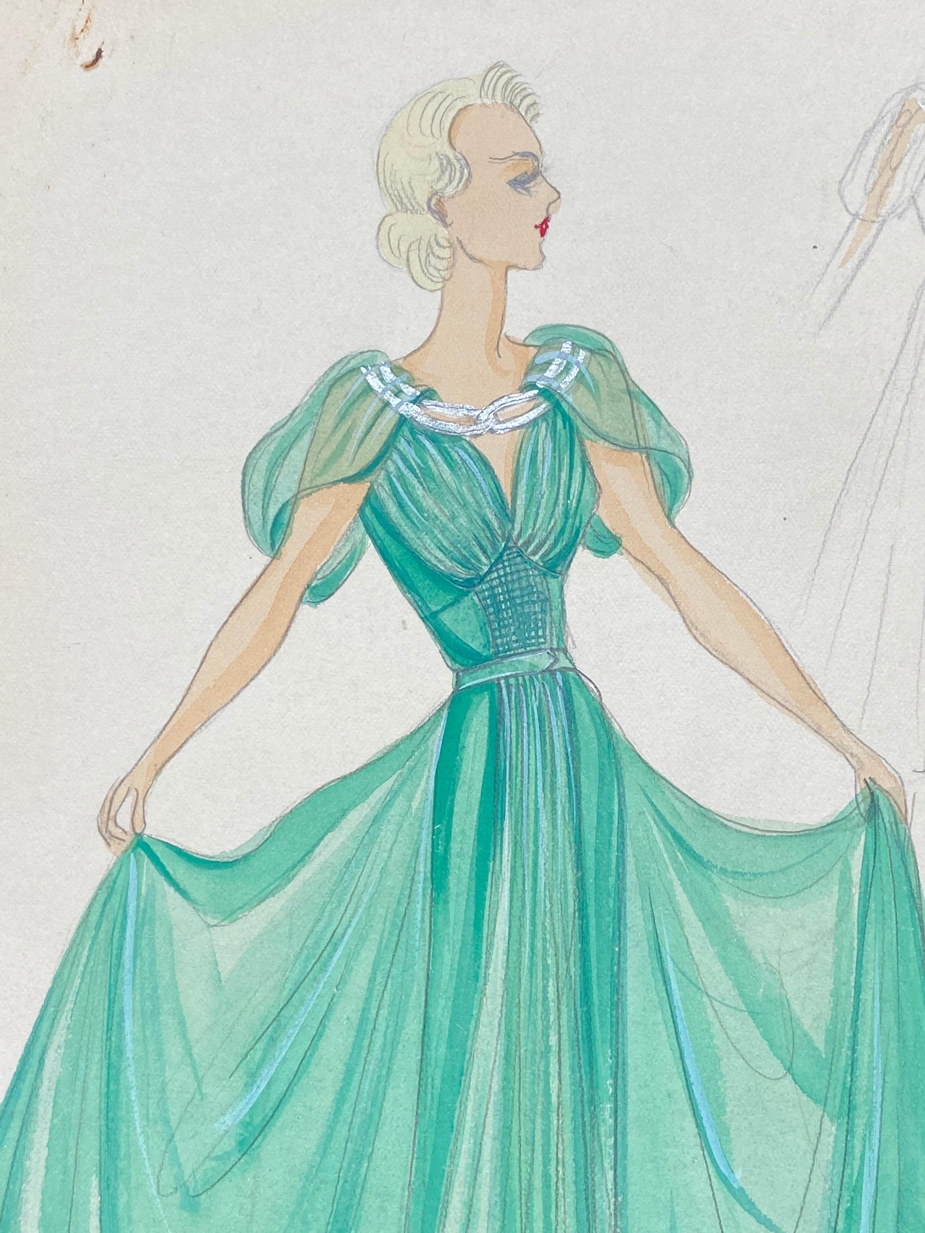 1930's Original Parisian Fashion Illustration Watercolor Green Ballgown Dress - Painting by Unknown