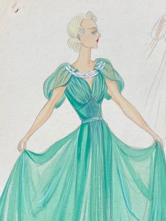 1930's Original Parisian Fashion Illustration Watercolor Green Ballgown Dress
