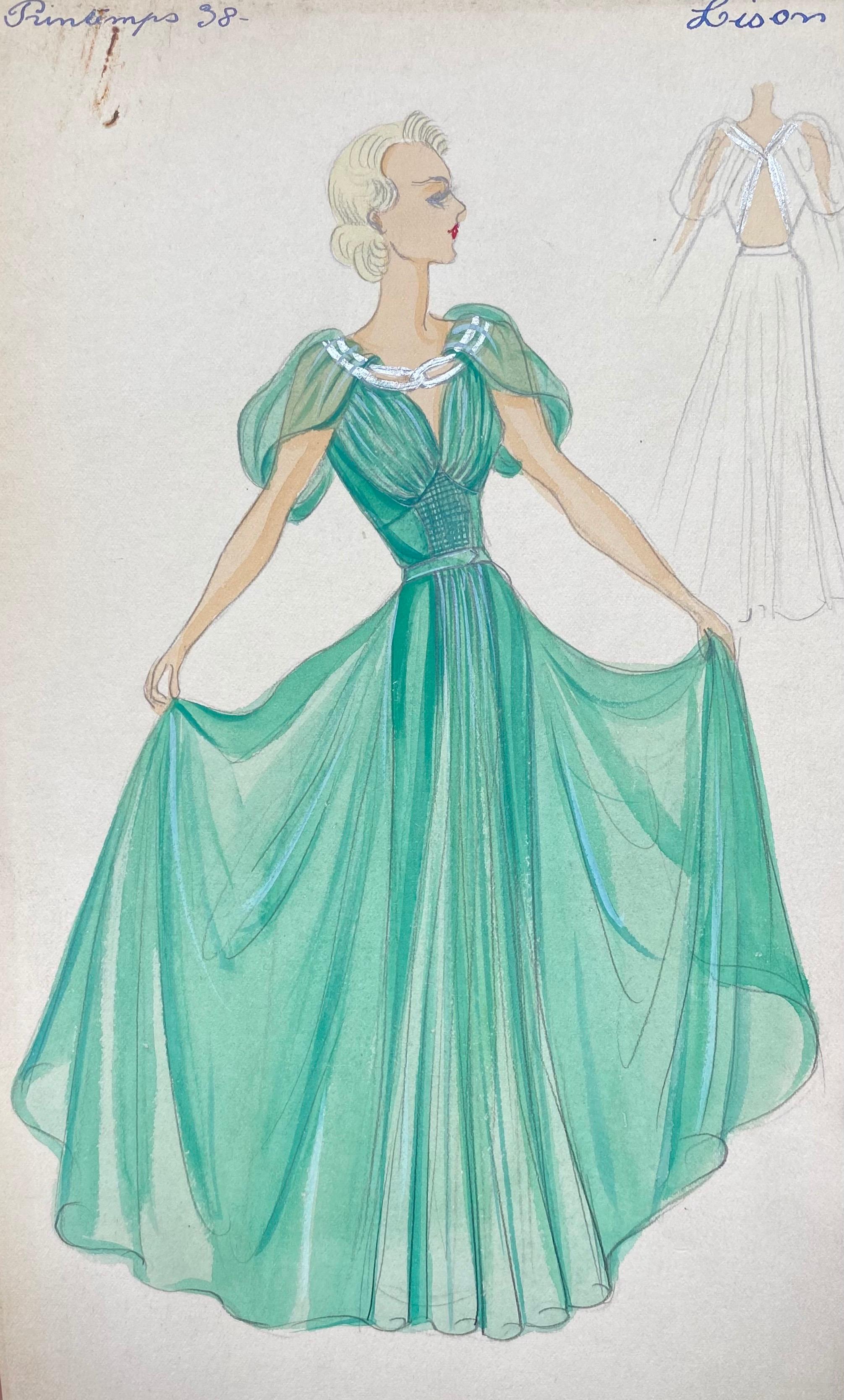 Unknown Portrait Painting - 1930's Original Parisian Fashion Illustration Watercolor Green Ballgown Dress