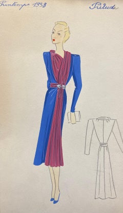Vintage 1930's Original Parisian Fashion Illustration Watercolor Pink and Blue Dress