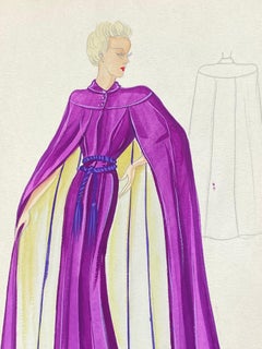 1930's Original Parisian Fashion Illustration Watercolor Purple Robe Dress