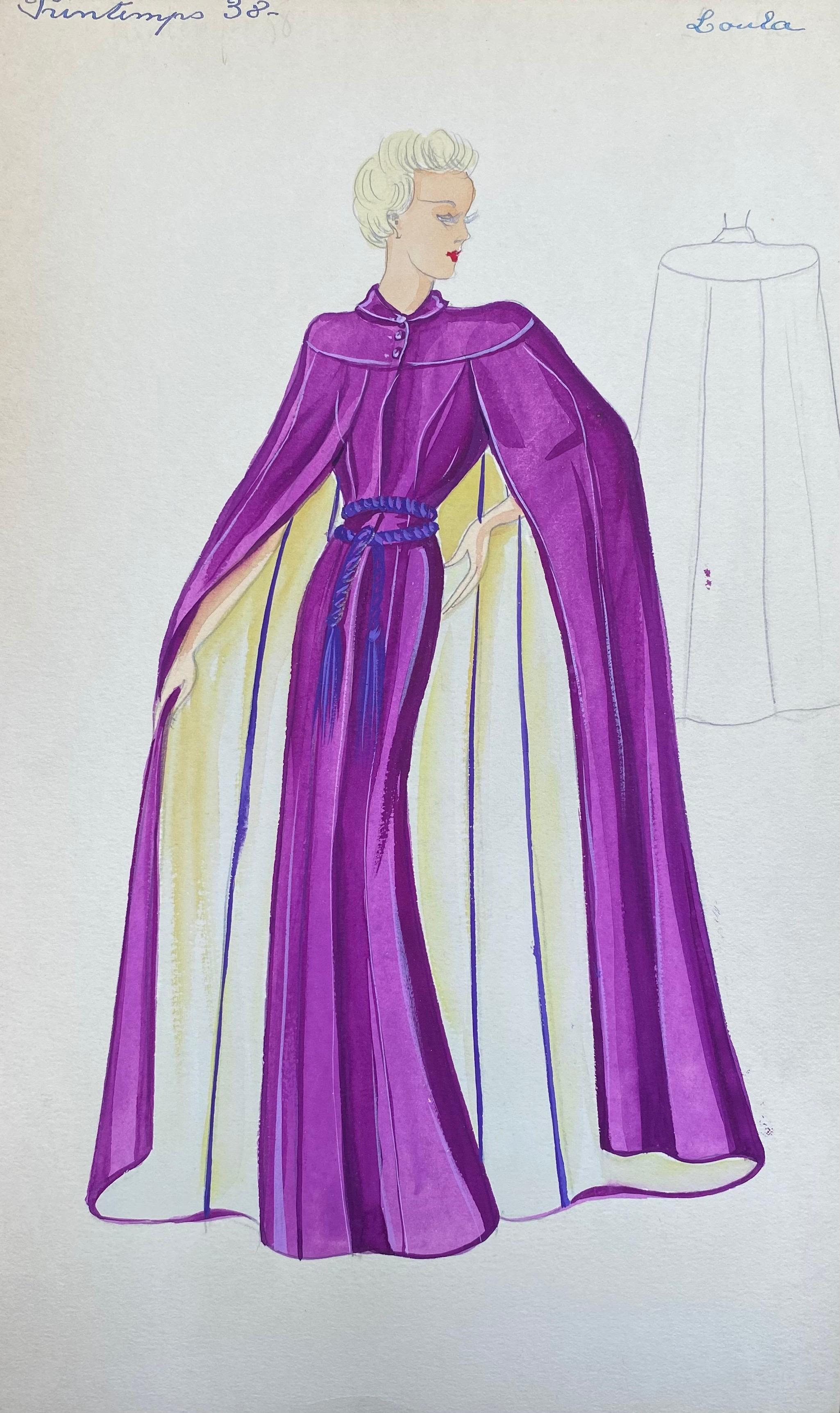 Unknown Portrait - 1930
s Original Parisian Fashion Illustration Watercolor Purple Robe Dress