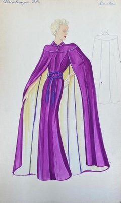 1930's Original Parisian Fashion Illustration Watercolor Purple Robe Dress
