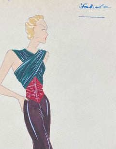 1930's Original Parisian Fashion Illustration Watercolor Wrap Dress