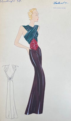 1930's Original Parisian Fashion Illustration Watercolor Wrap Dress