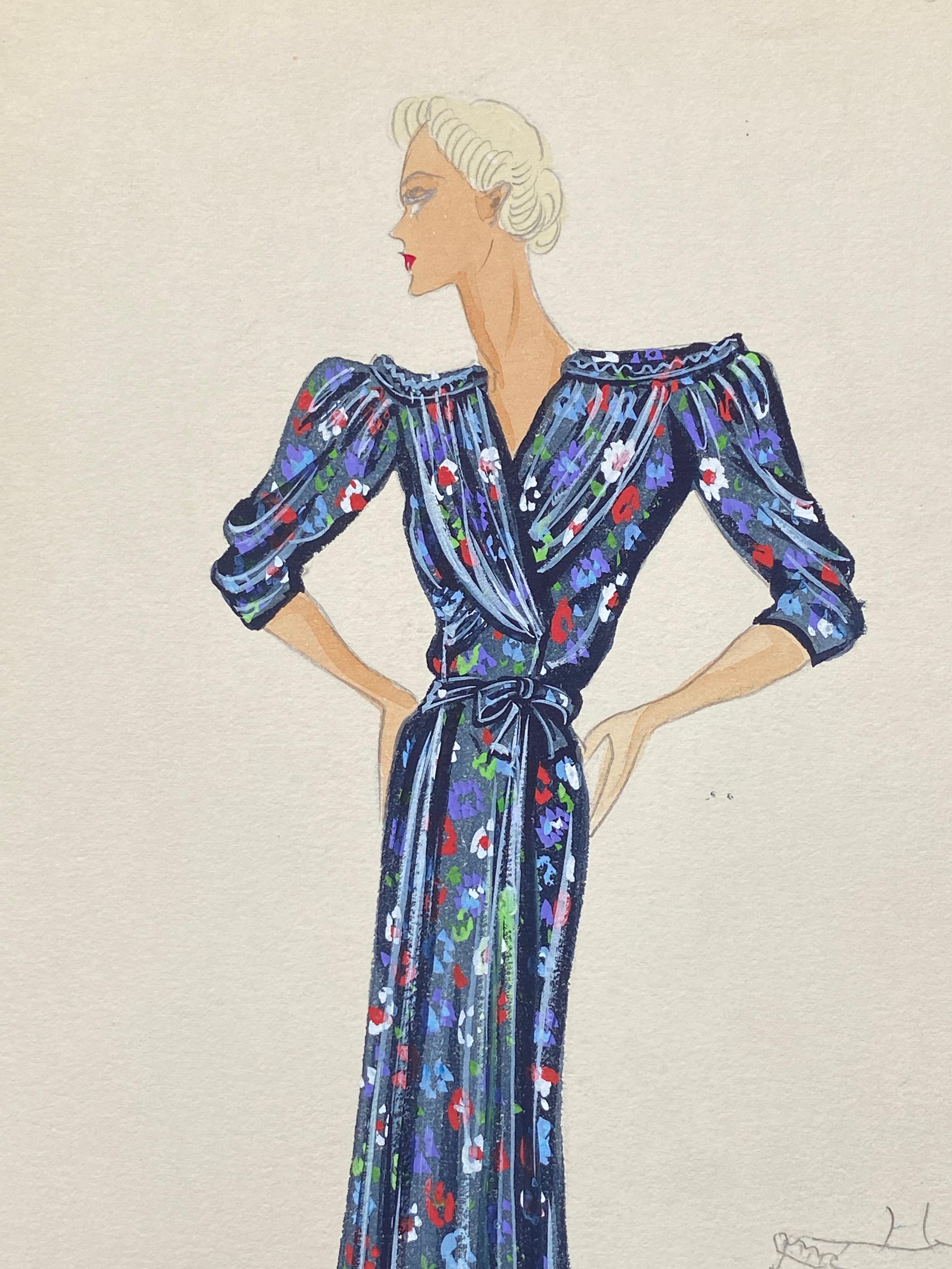 Robe d'été à fleurs bleues aquarelle à la mode parisienne originale des années 1930 - Painting de Unknown