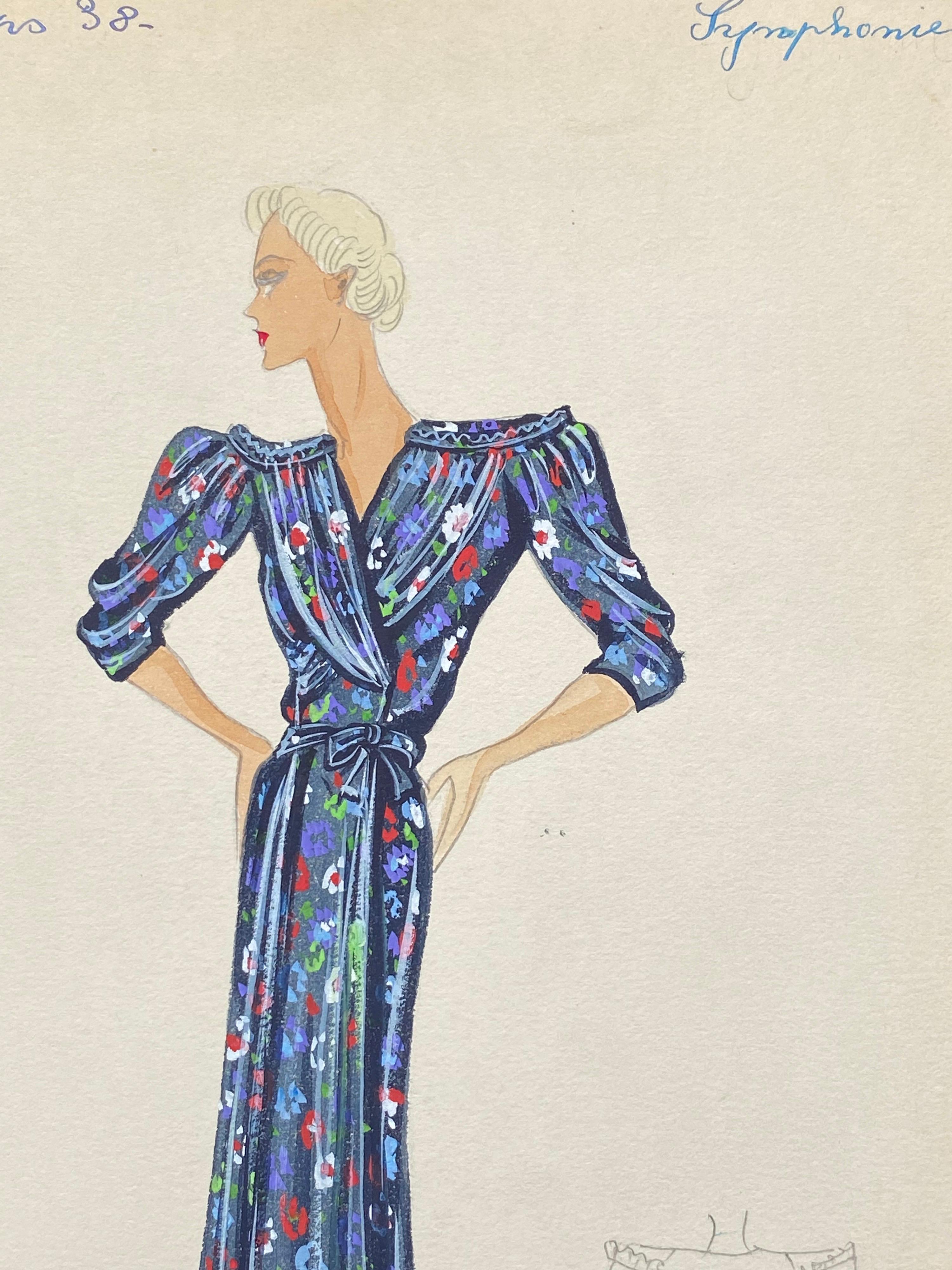 Robe d'été à fleurs bleues aquarelle à la mode parisienne originale des années 1930 - Impressionnisme Painting par Unknown