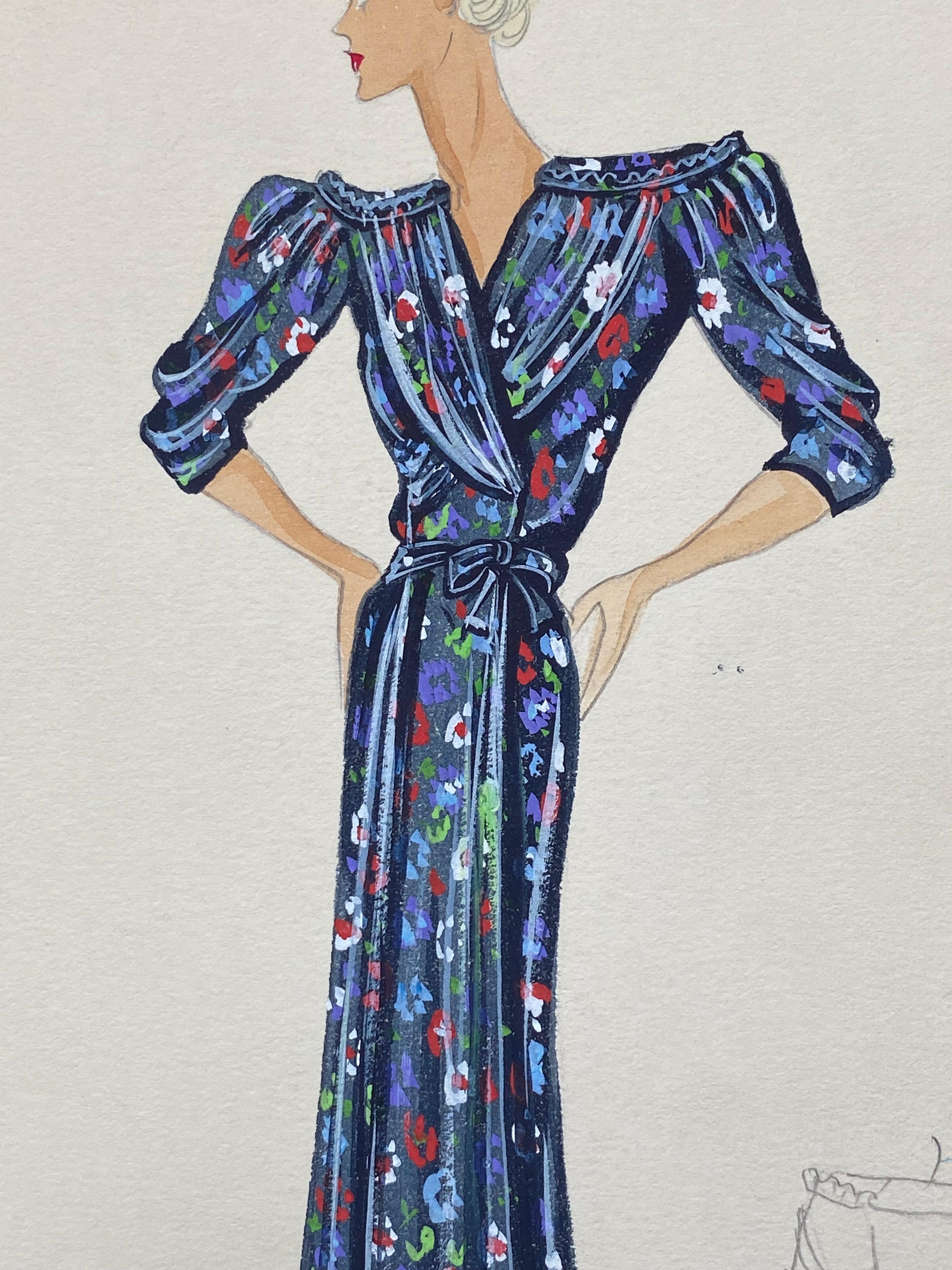 1930er Jahre Original Pariser Mode Aquarell Blaues geblümtes Sommerkleid im Angebot 2