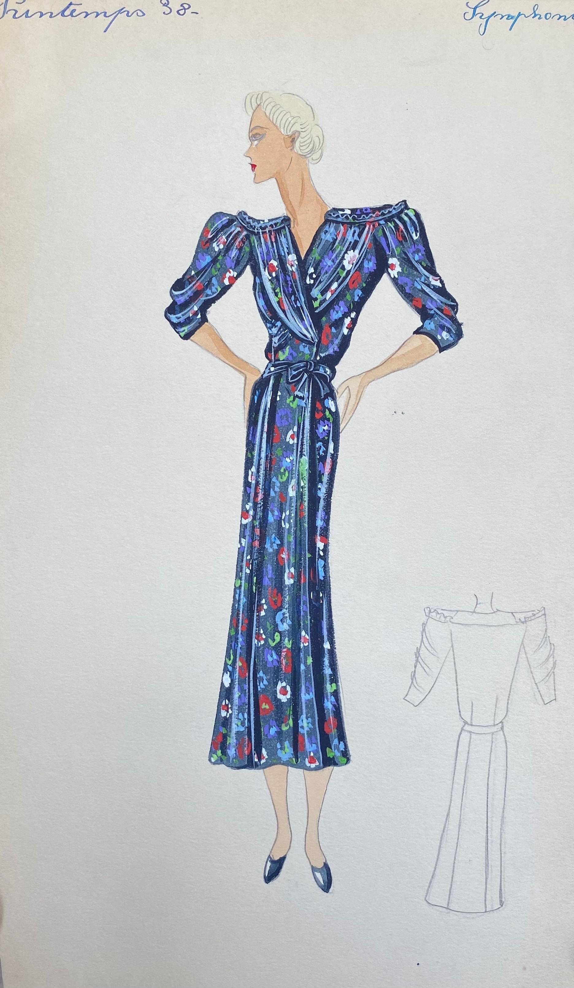 1930er Jahre Original Pariser Mode Aquarell Blaues geblümtes Sommerkleid