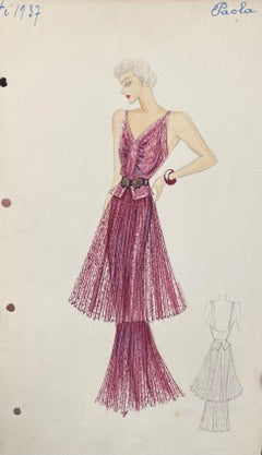 1930's Original Parisian Fashion Watercolor Burgandy Dress
