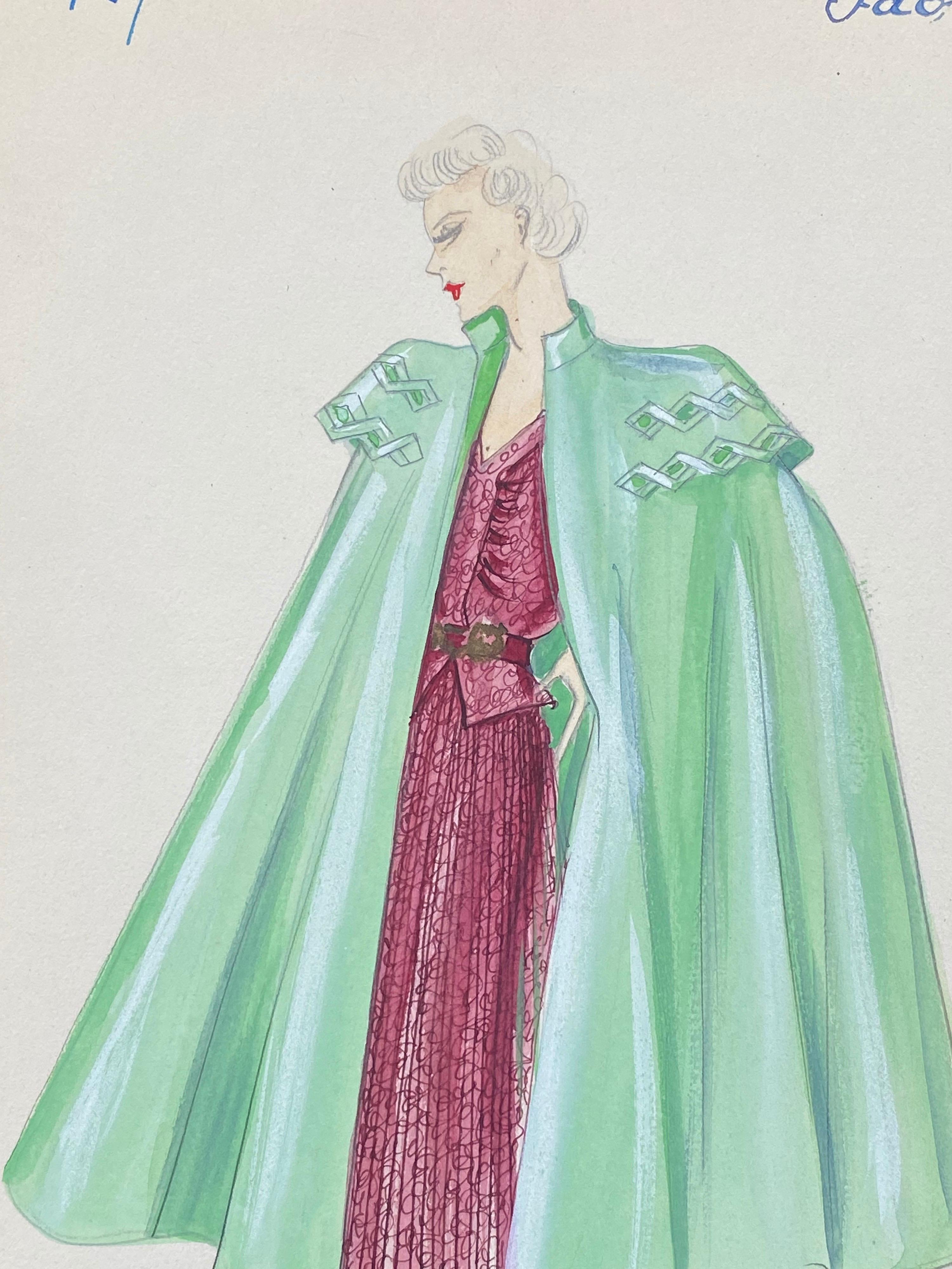 1930's Original Parisian Fashion Watercolor Burgandy Dress With Green Cape - Painting by Unknown