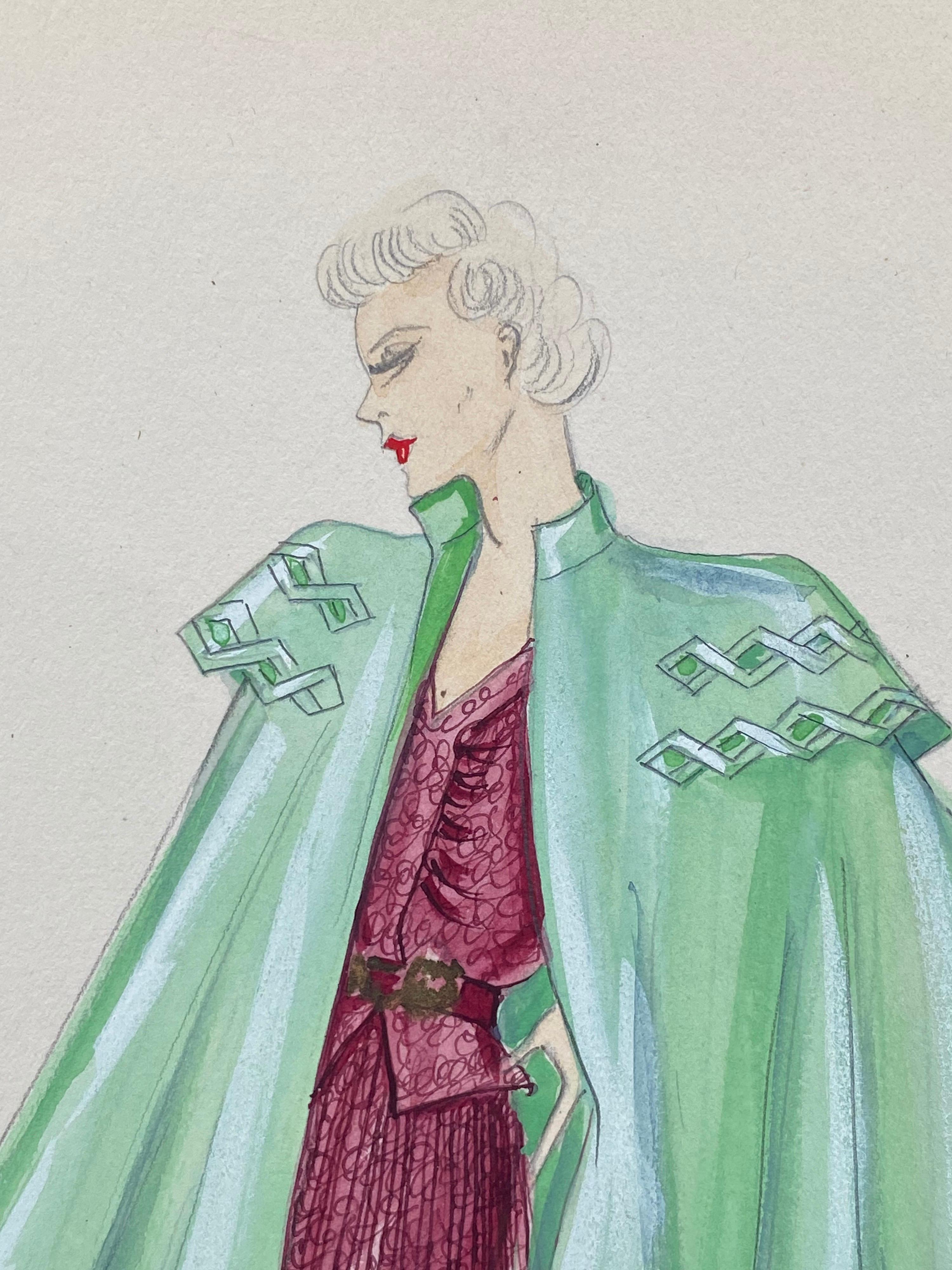 1930's Original Parisian Fashion Watercolor Burgandy Dress With Green Cape - Gray Portrait Painting by Unknown
