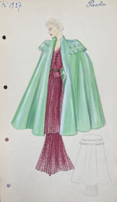 Vintage 1930's Original Parisian Fashion Watercolor Burgandy Dress With Green Cape