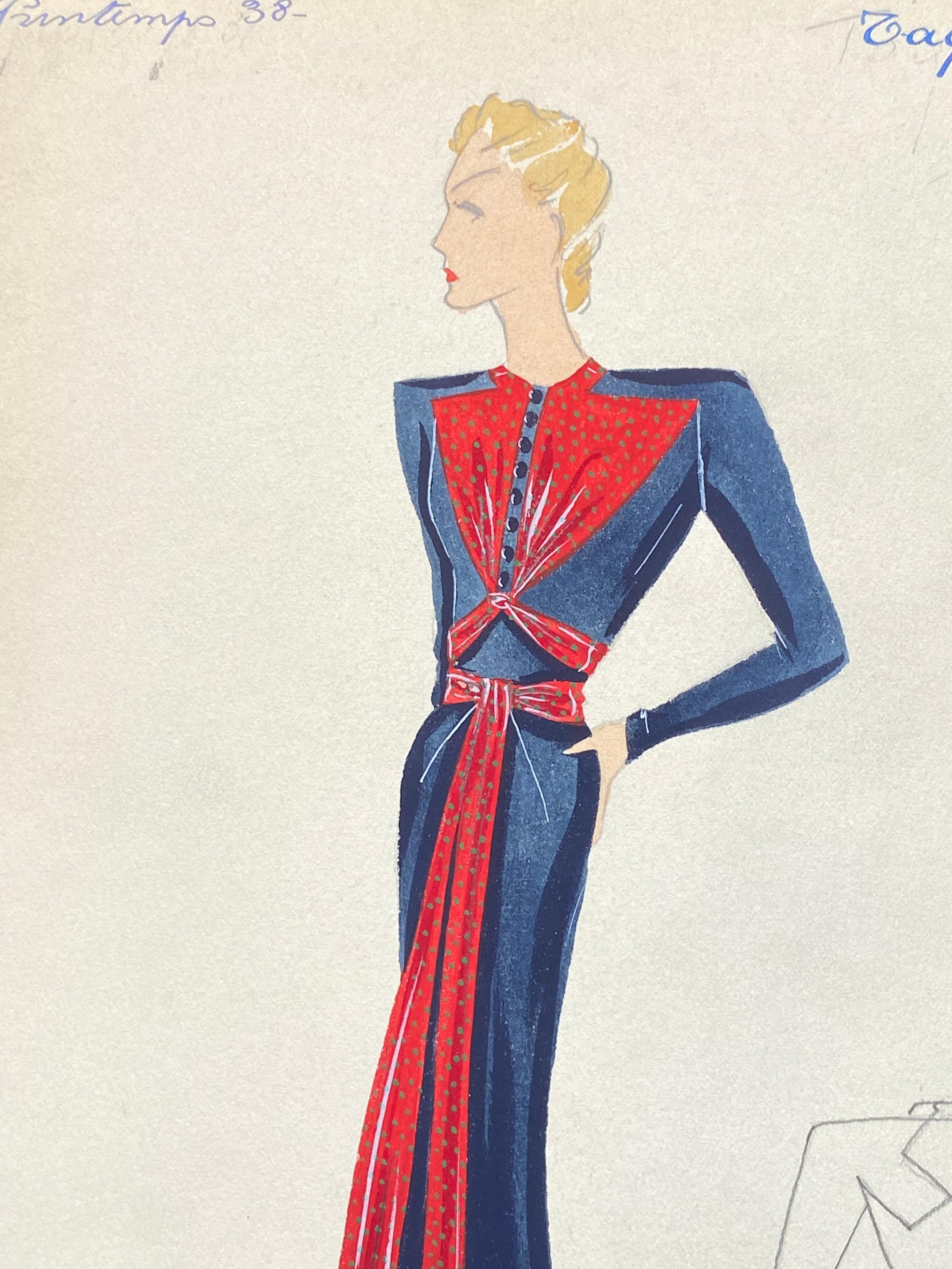 1930's Original Parisian Fashion Watercolor Royal Blue and Red Dress - Painting by Unknown