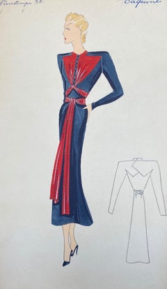 1930's Original Parisian Fashion Watercolor Royal Blue and Red Dress
