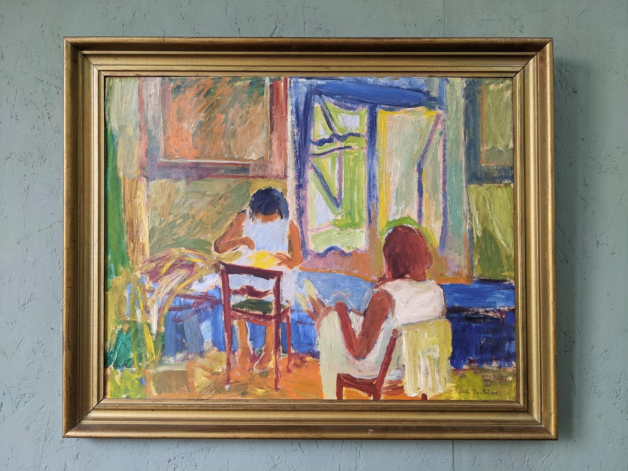 1933 Vintage Original Modernist Swedish Figurative Oil Painting - Crafts - Interior Painting Marrone di Unknown