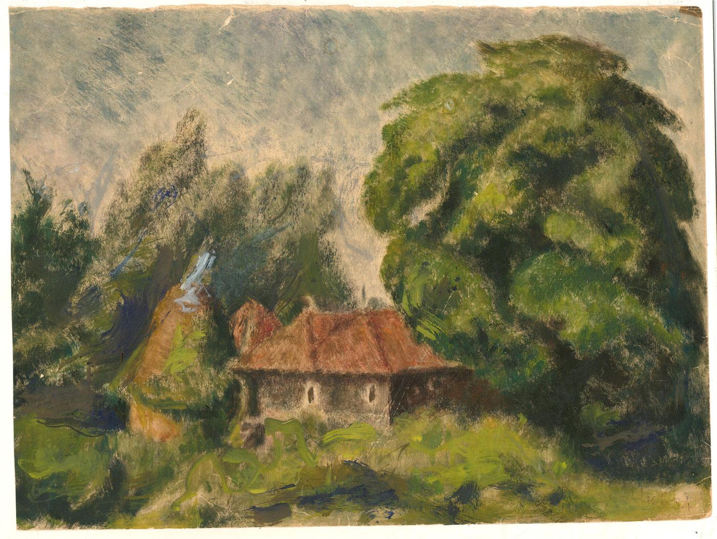 1934 Oil - The Hidden Cottage - Brown Landscape Painting by Unknown